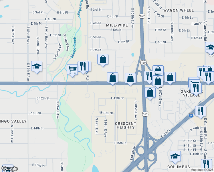 map of restaurants, bars, coffee shops, grocery stores, and more near 9837 East 12th Street in Tulsa