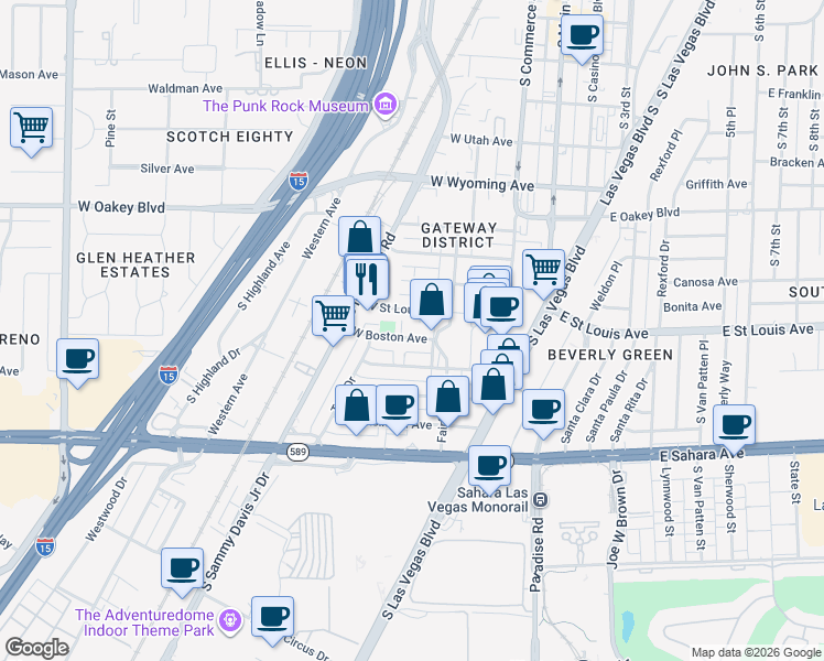 map of restaurants, bars, coffee shops, grocery stores, and more near 230 West Boston Avenue in Las Vegas