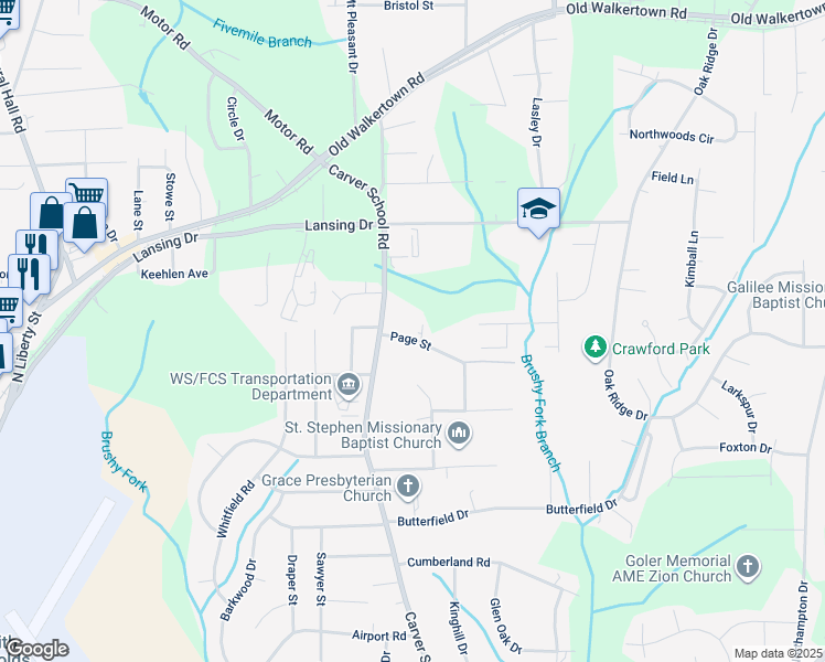 map of restaurants, bars, coffee shops, grocery stores, and more near 5013 Page Street in Winston-Salem
