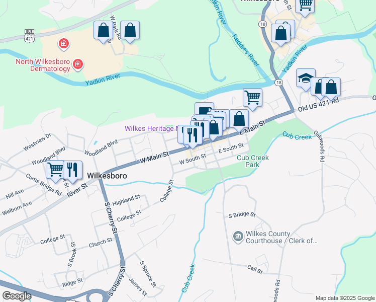 map of restaurants, bars, coffee shops, grocery stores, and more near 202 Wilkesboro Boulevard Southeast in Lenoir