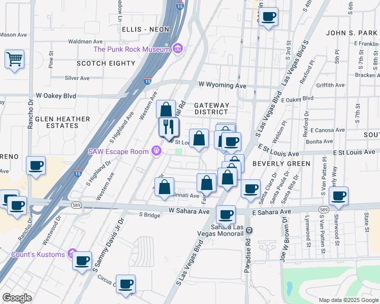 map of restaurants, bars, coffee shops, grocery stores, and more near 230 West Boston Avenue in Las Vegas