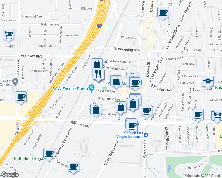 map of restaurants, bars, coffee shops, grocery stores, and more near 211 West Boston Avenue in Las Vegas