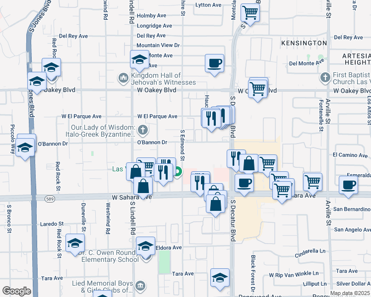 map of restaurants, bars, coffee shops, grocery stores, and more near 5100 O'Bannon Drive in Las Vegas