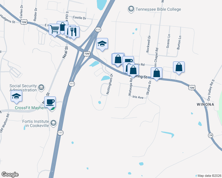 map of restaurants, bars, coffee shops, grocery stores, and more near 938 Nottingham Drive in Cookeville