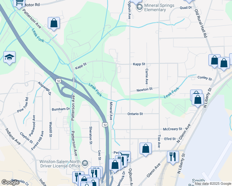 map of restaurants, bars, coffee shops, grocery stores, and more near 4271 Mineral Avenue in Winston-Salem