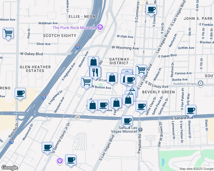 map of restaurants, bars, coffee shops, grocery stores, and more near 230 West Boston Avenue in Las Vegas