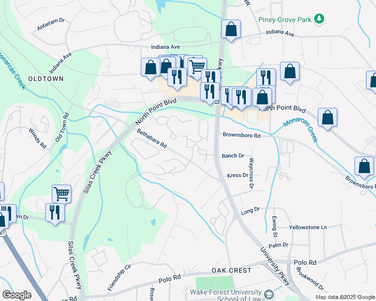 map of restaurants, bars, coffee shops, grocery stores, and more near 1023 Timberline Ridge Court in Winston-Salem