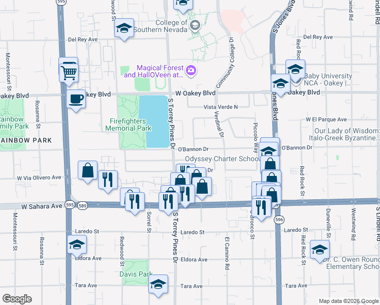 map of restaurants, bars, coffee shops, grocery stores, and more near 6345 O'Bannon Drive in Las Vegas