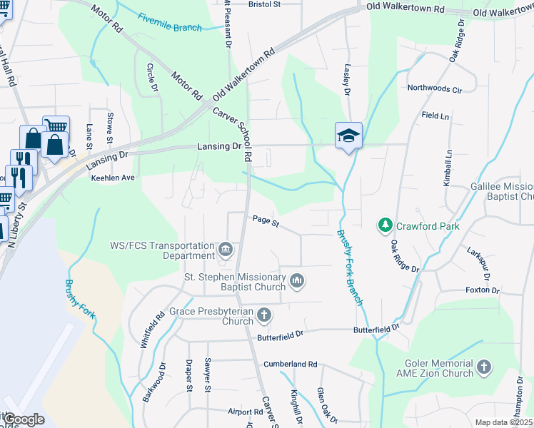 map of restaurants, bars, coffee shops, grocery stores, and more near 5013 Page Street in Winston-Salem