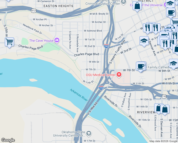 map of restaurants, bars, coffee shops, grocery stores, and more near 726 South Phoenix Avenue in Tulsa