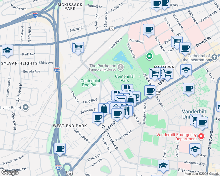 map of restaurants, bars, coffee shops, grocery stores, and more near 301 28th Avenue North in Nashville