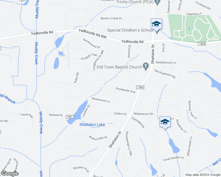 map of restaurants, bars, coffee shops, grocery stores, and more near 3938 Poindexter Avenue in Winston-Salem