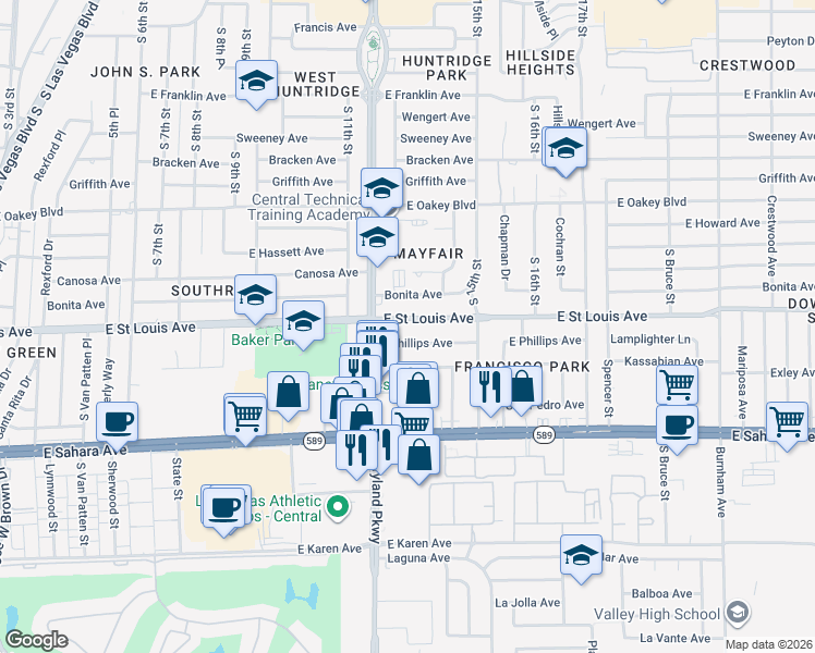 map of restaurants, bars, coffee shops, grocery stores, and more near 1300 East Phillips Avenue in Las Vegas