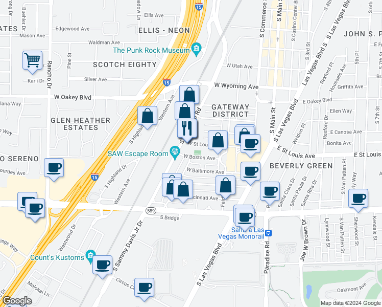 map of restaurants, bars, coffee shops, grocery stores, and more near 316 West Baltimore Avenue in Las Vegas