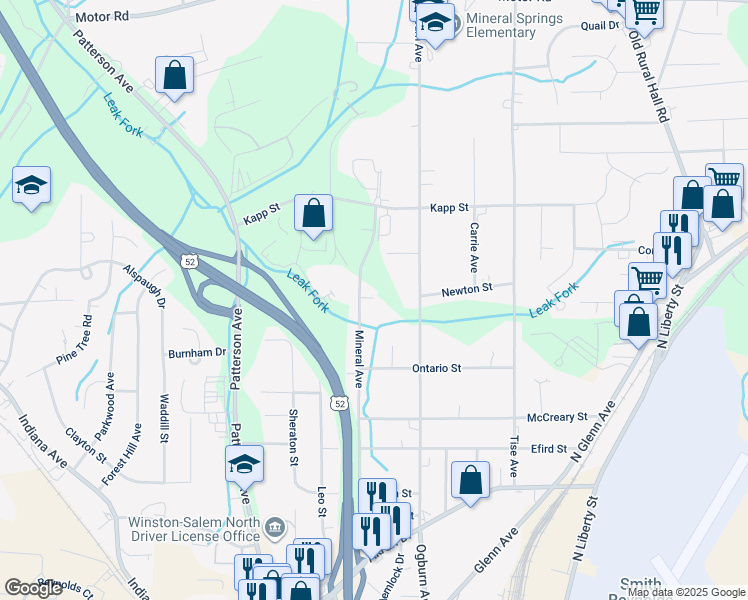 map of restaurants, bars, coffee shops, grocery stores, and more near 4255 Mineral Avenue in Winston-Salem