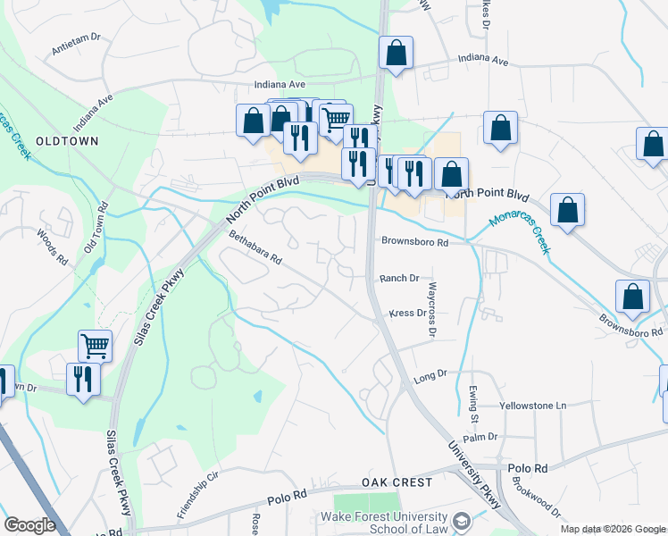 map of restaurants, bars, coffee shops, grocery stores, and more near 612 Scholastic Drive in Winston-Salem
