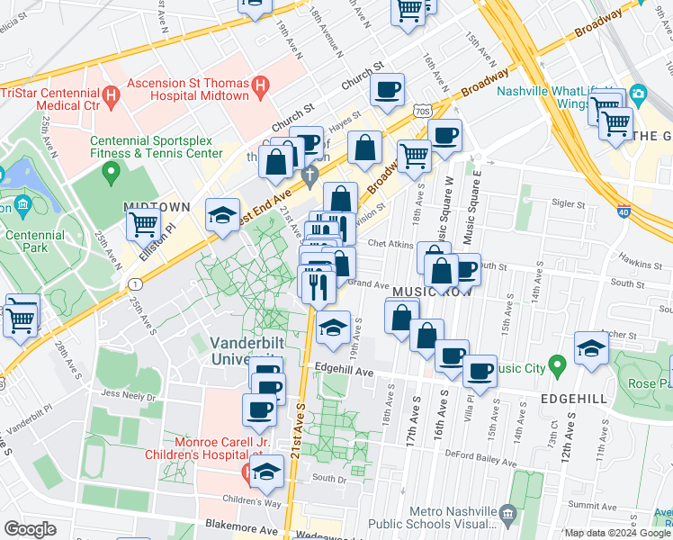 map of restaurants, bars, coffee shops, grocery stores, and more near 400 Tennessee 106 in Nashville
