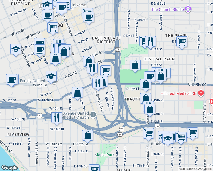 map of restaurants, bars, coffee shops, grocery stores, and more near 1122 South Elgin Avenue in Tulsa