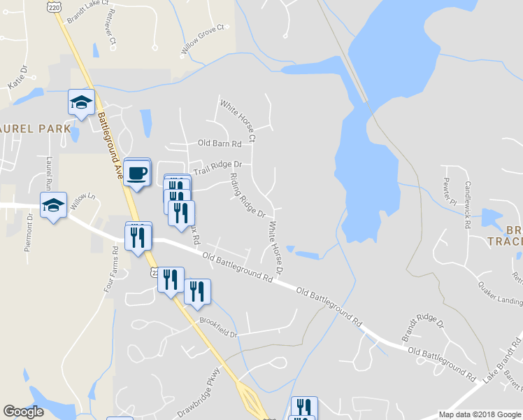 map of restaurants, bars, coffee shops, grocery stores, and more near 4902 Riding Ridge Drive in Greensboro