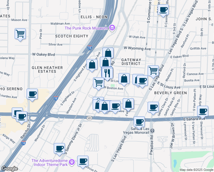 map of restaurants, bars, coffee shops, grocery stores, and more near 316 West Baltimore Avenue in Las Vegas