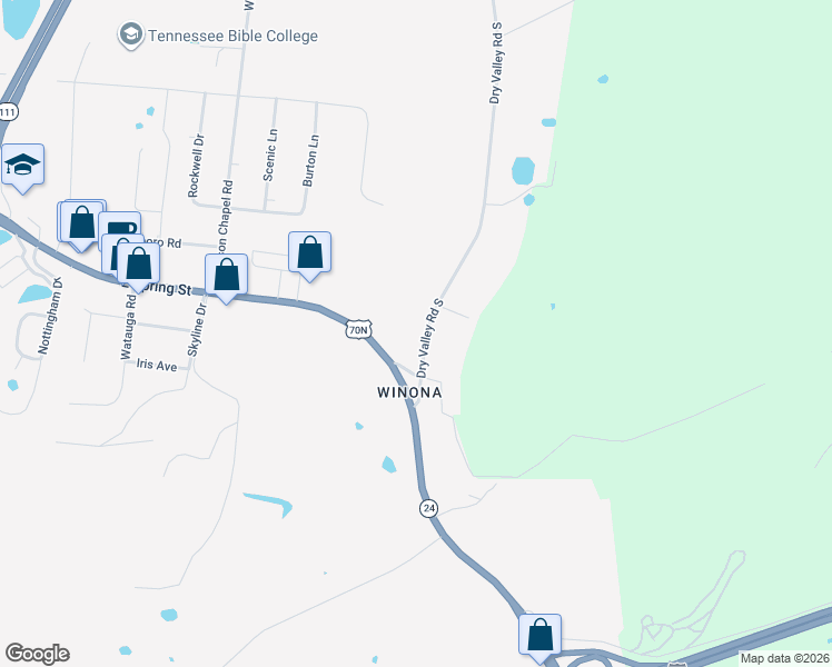 map of restaurants, bars, coffee shops, grocery stores, and more near 1794 East Spring Street in Cookeville