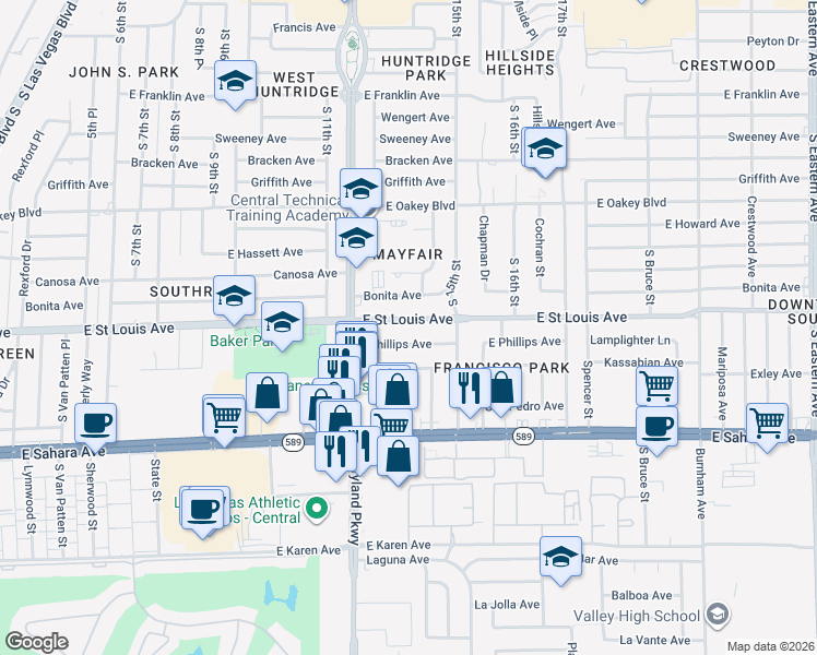map of restaurants, bars, coffee shops, grocery stores, and more near 1312 East Saint Louis Avenue in Las Vegas