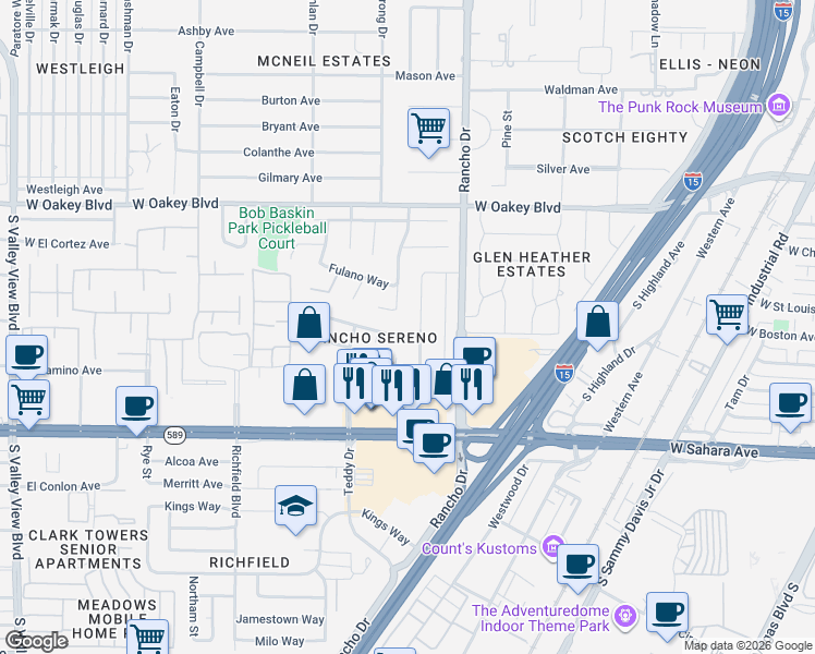 map of restaurants, bars, coffee shops, grocery stores, and more near 2209 De Osma Street in Las Vegas