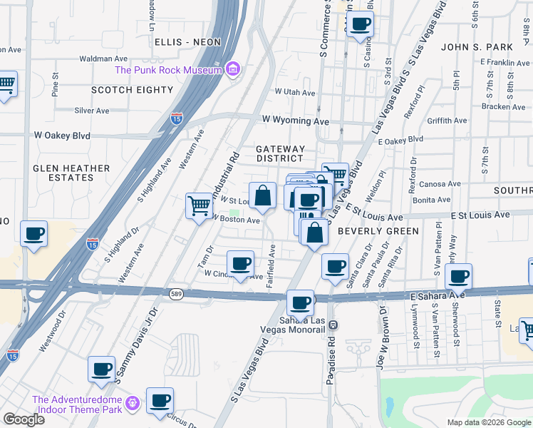map of restaurants, bars, coffee shops, grocery stores, and more near 2111 Fairfield Avenue in Las Vegas
