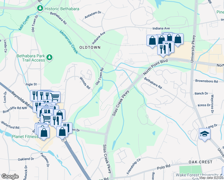 map of restaurants, bars, coffee shops, grocery stores, and more near 1141 Edgebrook Drive in Winston-Salem