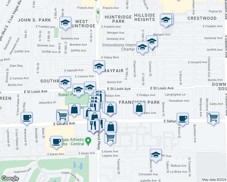 map of restaurants, bars, coffee shops, grocery stores, and more near 1312 East Saint Louis Avenue in Las Vegas