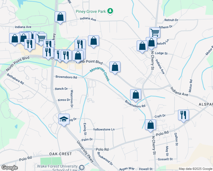 map of restaurants, bars, coffee shops, grocery stores, and more near 4256 Brownsboro Road in Winston-Salem