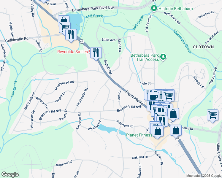 map of restaurants, bars, coffee shops, grocery stores, and more near 117 Wedgefield Avenue in Winston-Salem