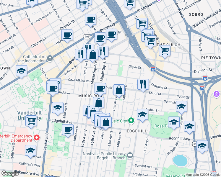 map of restaurants, bars, coffee shops, grocery stores, and more near 900 Villa Place in Nashville
