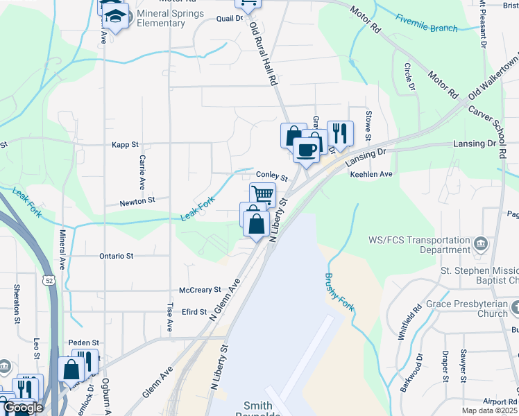 map of restaurants, bars, coffee shops, grocery stores, and more near 1111 Cayuga Street in Winston-Salem