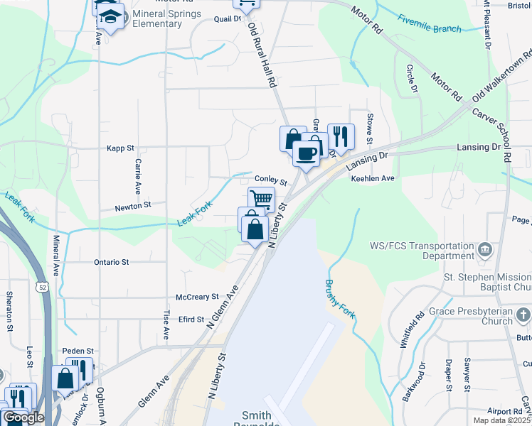 map of restaurants, bars, coffee shops, grocery stores, and more near 1117 Cayuga Street in Winston-Salem