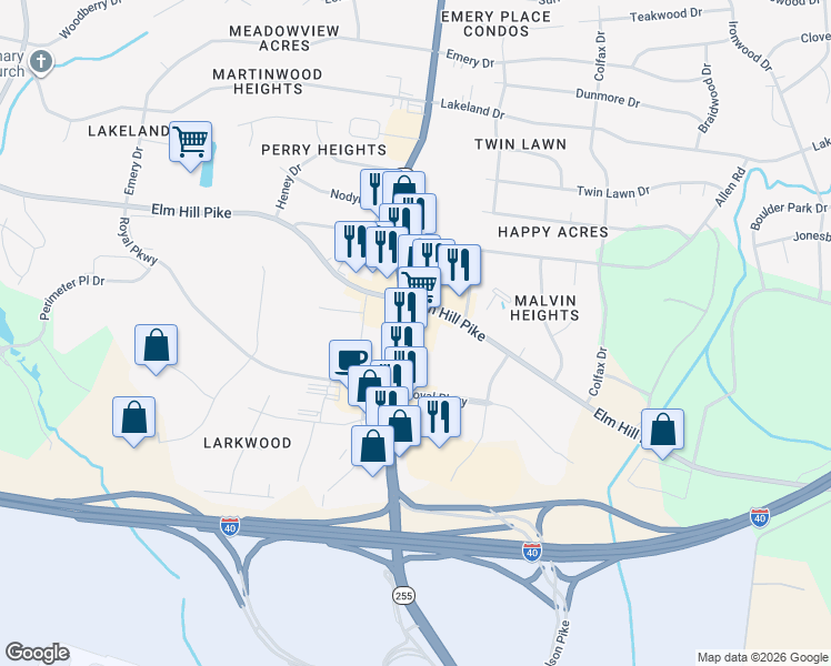 map of restaurants, bars, coffee shops, grocery stores, and more near 525 Donelson Pike in Nashville