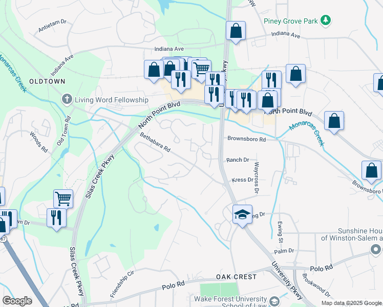 map of restaurants, bars, coffee shops, grocery stores, and more near 1031 Timberline Ridge Court in Winston-Salem