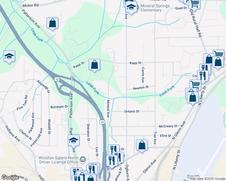 map of restaurants, bars, coffee shops, grocery stores, and more near 4271 Mineral Avenue in Winston-Salem