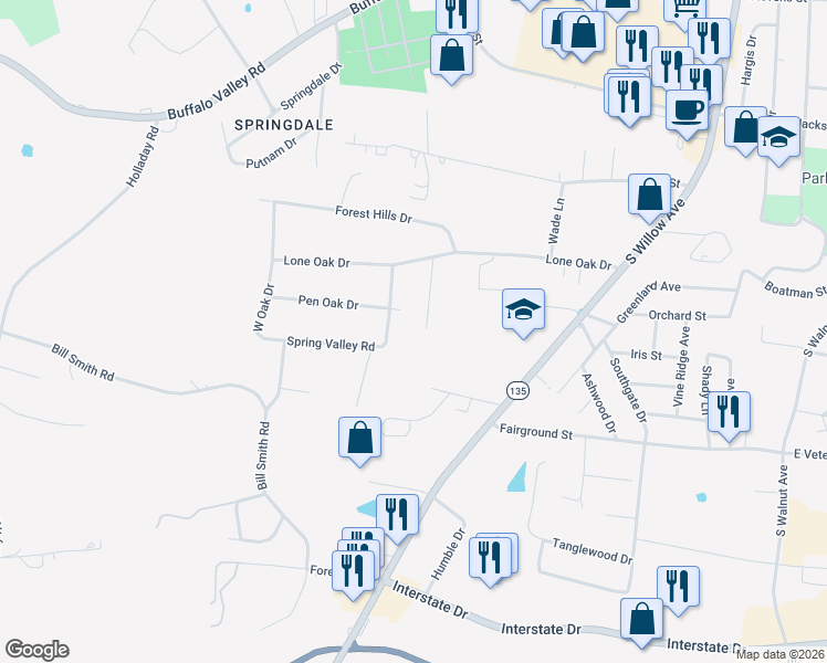 map of restaurants, bars, coffee shops, grocery stores, and more near 752 Contraband Lane in Cookeville