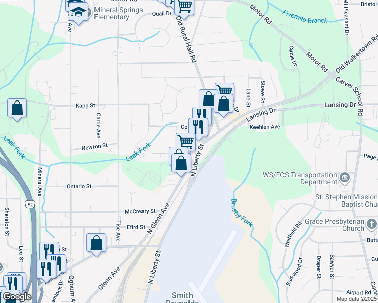map of restaurants, bars, coffee shops, grocery stores, and more near 1117 Cayuga Street in Winston-Salem