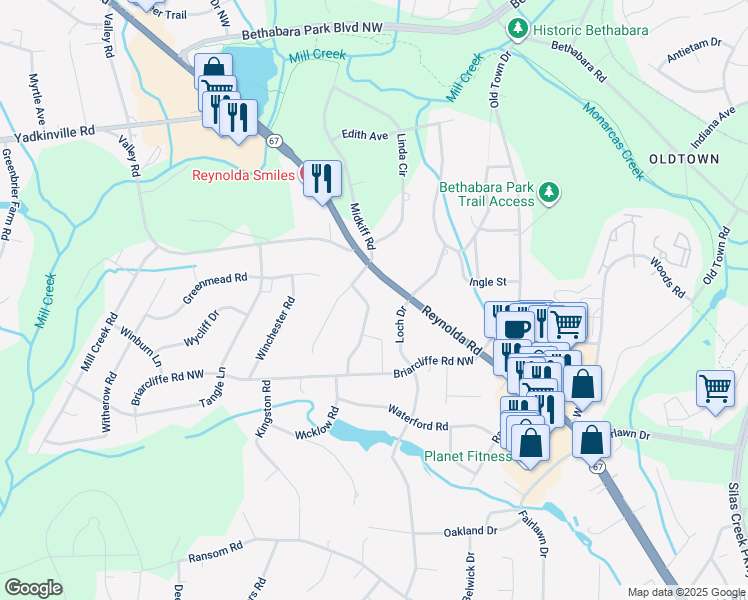 map of restaurants, bars, coffee shops, grocery stores, and more near 117 Wedgefield Avenue in Winston-Salem