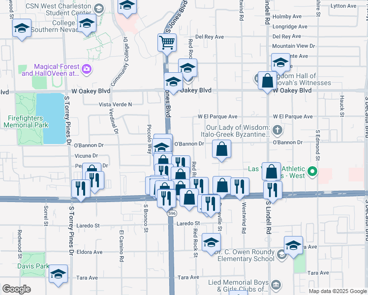 map of restaurants, bars, coffee shops, grocery stores, and more near 5991 O'Bannon Drive in Las Vegas