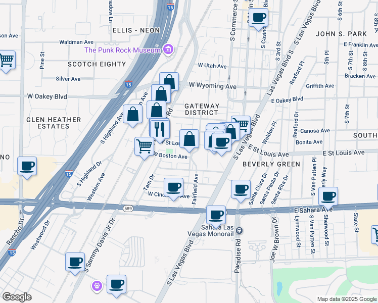 map of restaurants, bars, coffee shops, grocery stores, and more near 230 West Saint Louis Avenue in Las Vegas