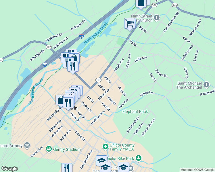 map of restaurants, bars, coffee shops, grocery stores, and more near 230 4th Street in Erwin