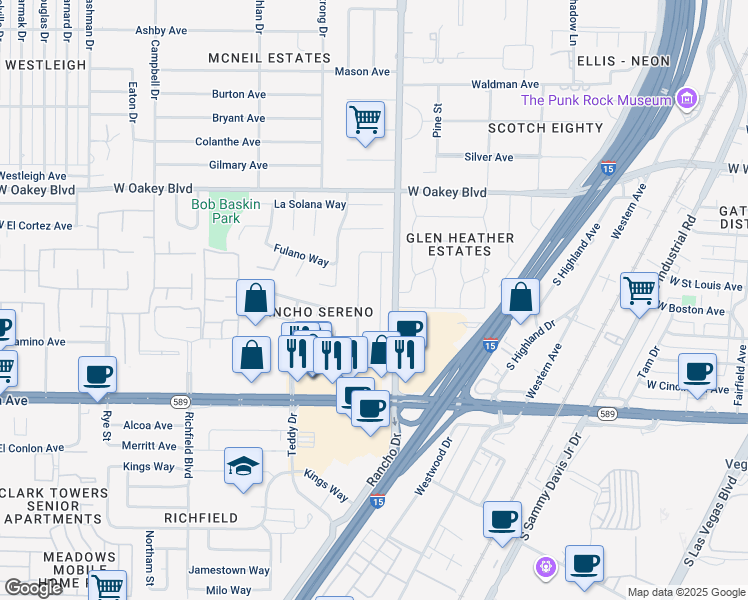 map of restaurants, bars, coffee shops, grocery stores, and more near 2100 Westlund Drive in Las Vegas