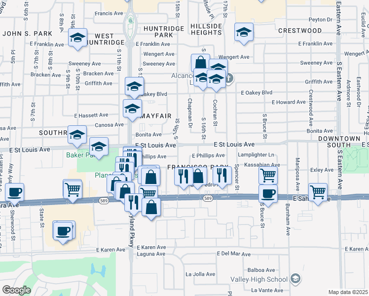 map of restaurants, bars, coffee shops, grocery stores, and more near 1506 East Saint Louis Avenue in Las Vegas