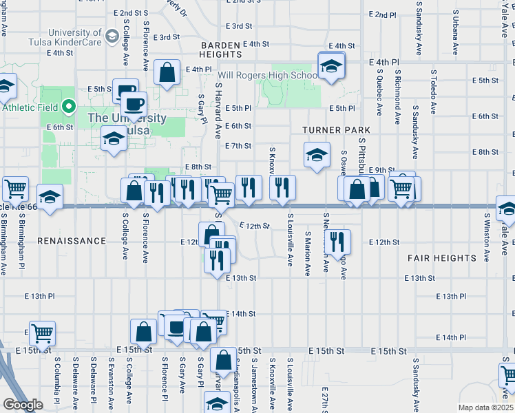 map of restaurants, bars, coffee shops, grocery stores, and more near 844 South Jamestown Avenue in Tulsa