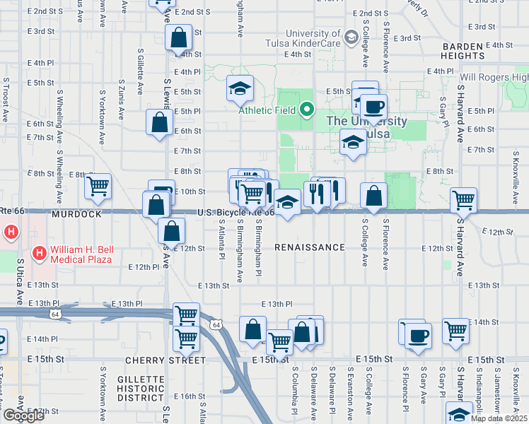 map of restaurants, bars, coffee shops, grocery stores, and more near 2640 East 10th Street in Tulsa