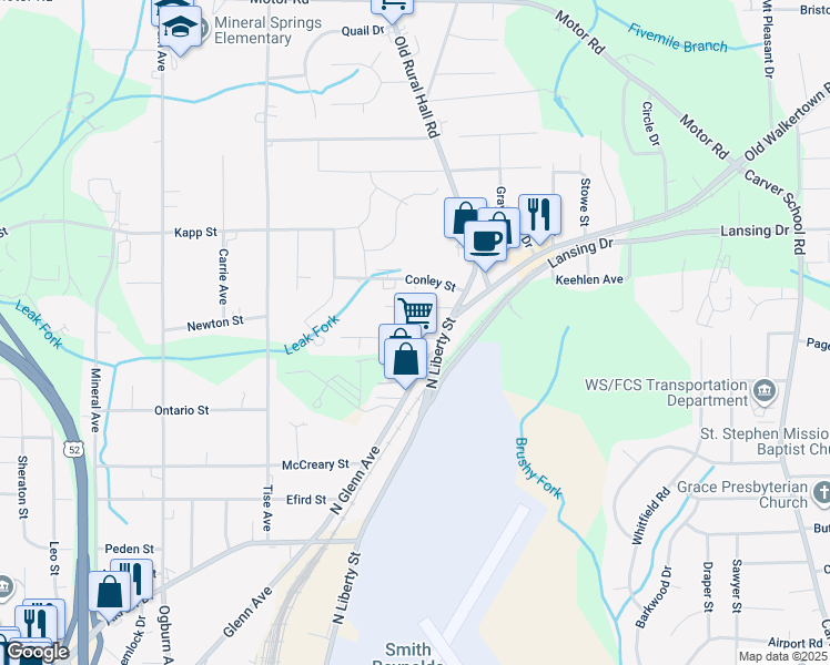 map of restaurants, bars, coffee shops, grocery stores, and more near 1113 Cayuga Street in Winston-Salem