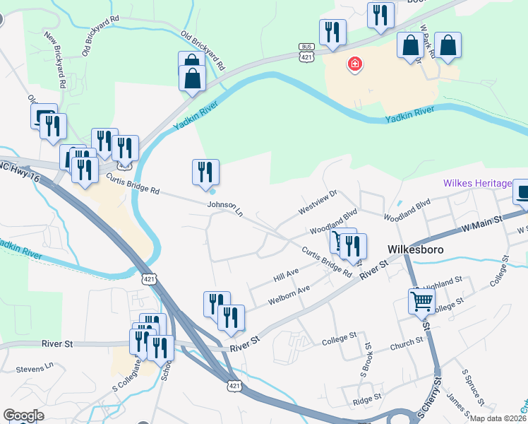 map of restaurants, bars, coffee shops, grocery stores, and more near 500 Curtis Bridge Road in Wilkesboro
